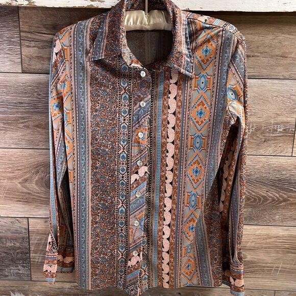 Ladies Handcrafted Long Sleeve Button Up Blouse Paisley Southwestern Vintage - Picture 2 of 6